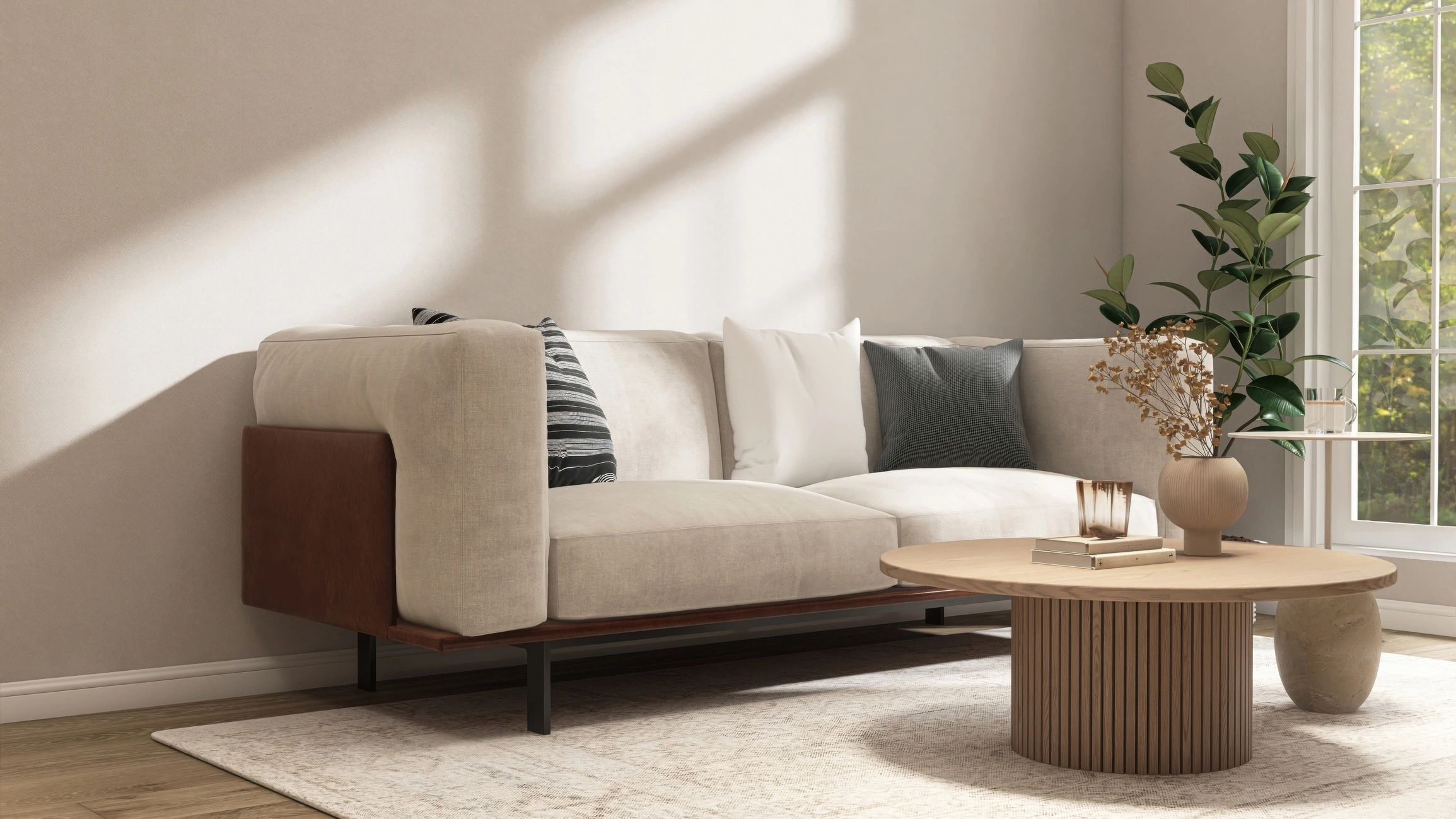 Beige modern sofa with cushions and coffee table on cream rug, wooden parquet floor in minimal living room in window sunlight on wall for luxury interior design decoration, product background 3D