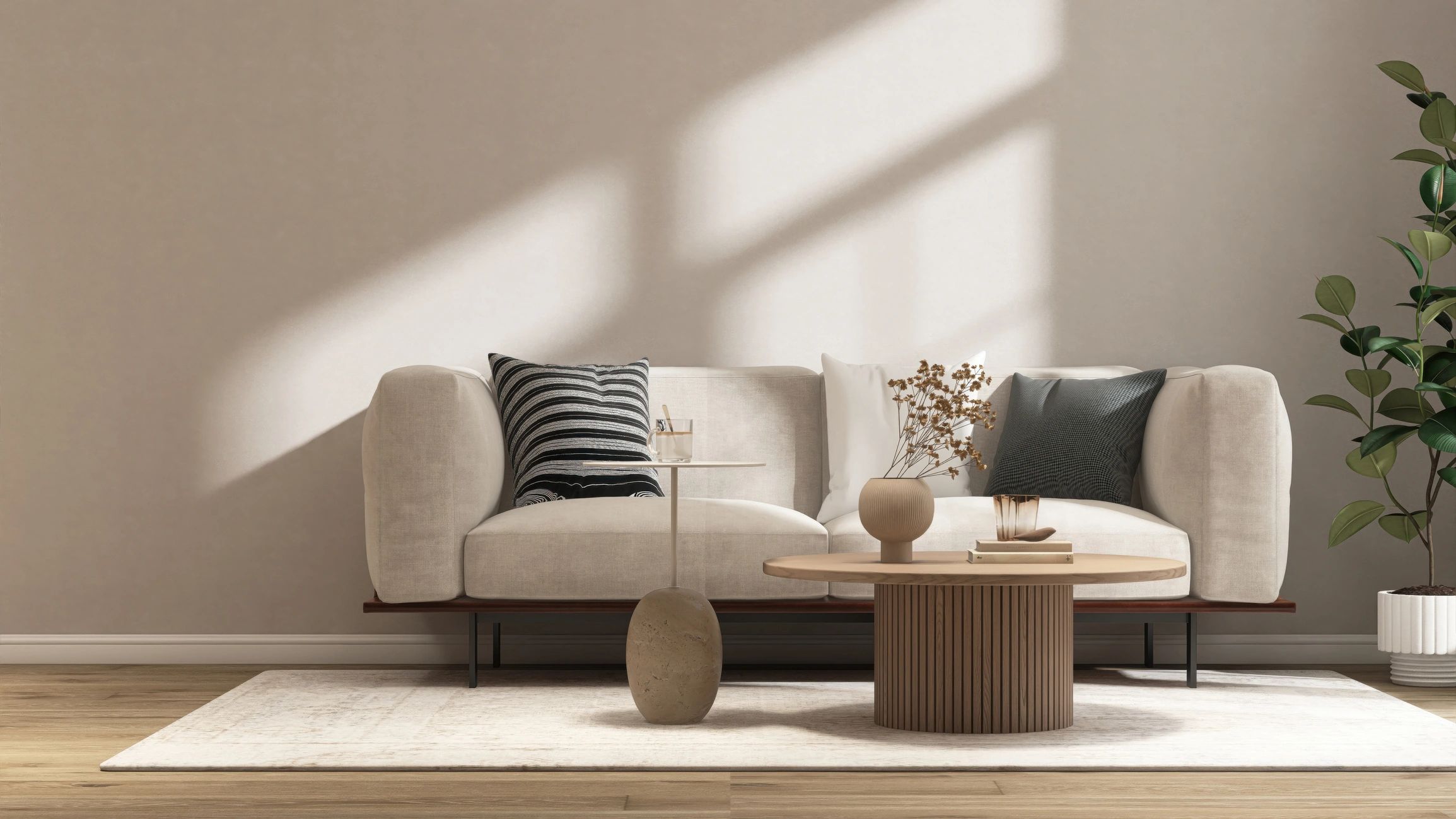 Area rug in a bright living room on hardwood floor